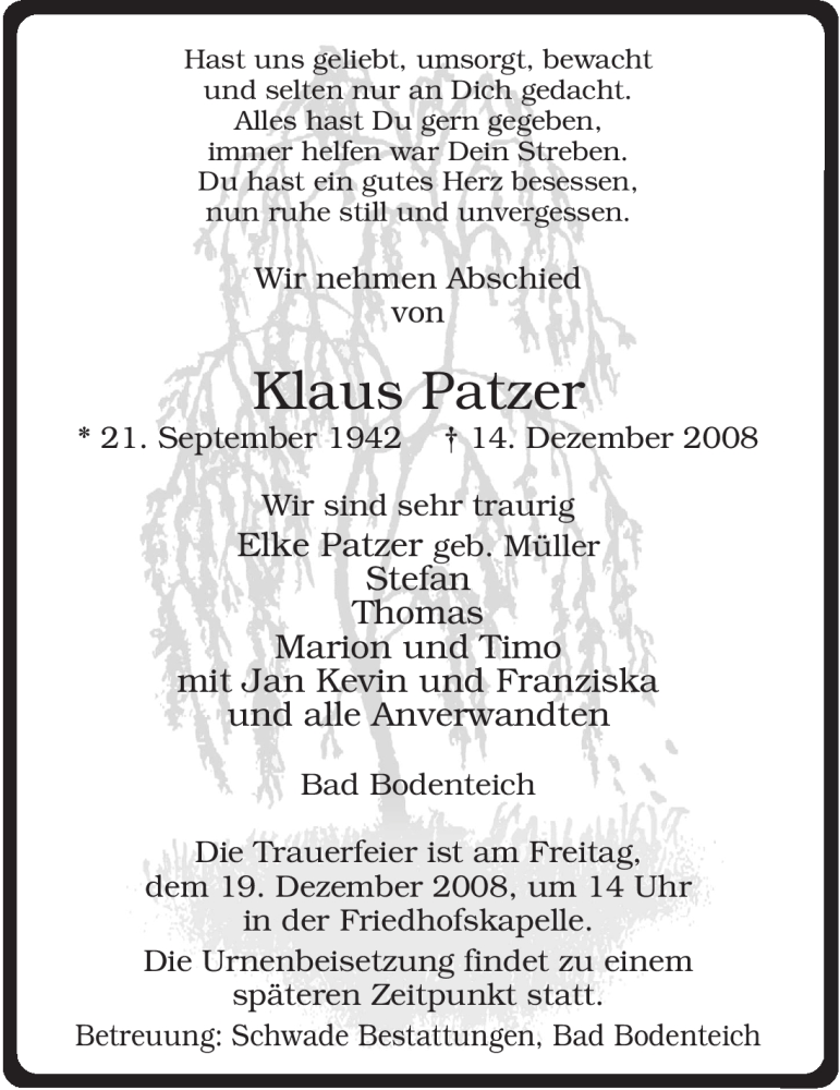  Traueranzeige für Klaus Patzer vom 16.12.2008 aus ALLGEMEINE ZEITUNG UELZEN