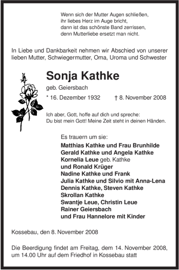 Traueranzeige von Sonja Kathke von ALLGEMEINE ZEITUNG UELZEN