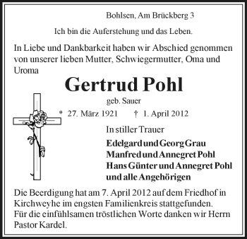Traueranzeige von Gertrud Pohl von ALLGEMEINE ZEITUNG UELZEN
