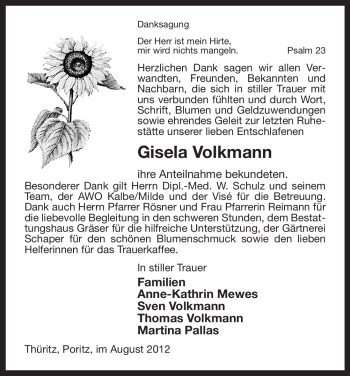 Traueranzeige von Gisela Volkmann von ALLGEMEINE ZEITUNG UELZEN