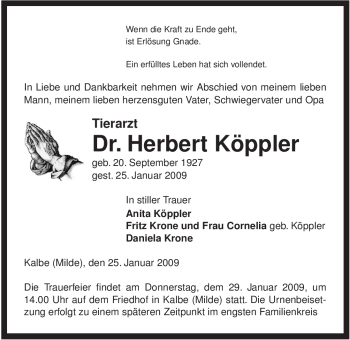 Traueranzeige von Herbert Köppler von ALLGEMEINE ZEITUNG UELZEN