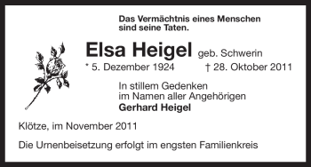 Traueranzeige von Elsa Heigel von ALLGEMEINE ZEITUNG UELZEN