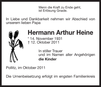 Traueranzeige von Hermann Arthur Heine von ALLGEMEINE ZEITUNG UELZEN