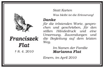 Traueranzeige von Franciszek Flat von ALLGEMEINE ZEITUNG UELZEN