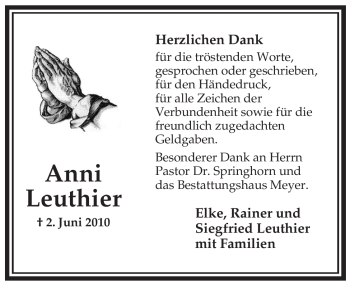 Traueranzeige von Anni Leuthier von ALLGEMEINE ZEITUNG UELZEN