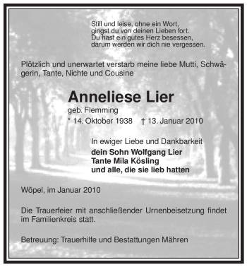 Traueranzeige von Anneliese Lier von ALLGEMEINE ZEITUNG UELZEN