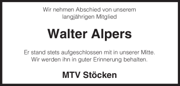 Traueranzeige von Walter Alpers von ALLGEMEINE ZEITUNG UELZEN