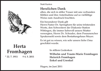 Traueranzeige von Herta Fromhagen von ALLGEMEINE ZEITUNG UELZEN