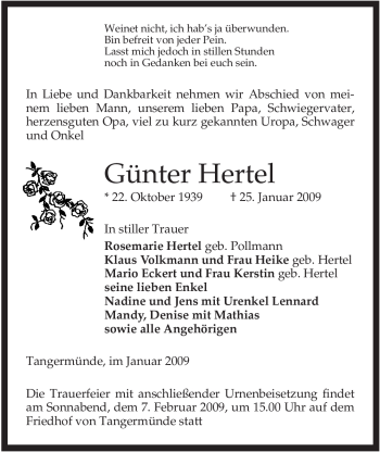 Traueranzeige von Günter Hertel von ALLGEMEINE ZEITUNG UELZEN