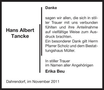 Traueranzeige von Hans Albert Tancke von ALLGEMEINE ZEITUNG UELZEN