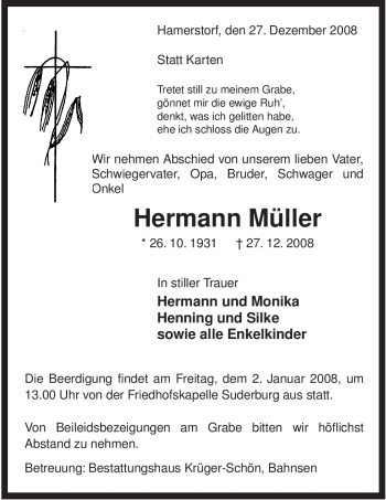 Traueranzeige von Hermann Müller von ALLGEMEINE ZEITUNG UELZEN