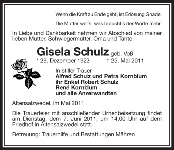 Traueranzeige von Gisela Schulz von ALLGEMEINE ZEITUNG UELZEN