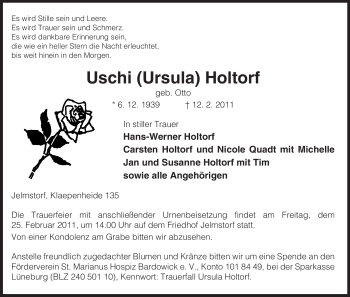 Traueranzeige von Uschi Holtorf von ALLGEMEINE ZEITUNG UELZEN