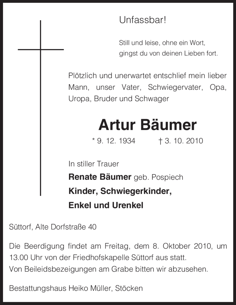  Traueranzeige für Artur Bäumer vom 06.10.2010 aus ALLGEMEINE ZEITUNG UELZEN