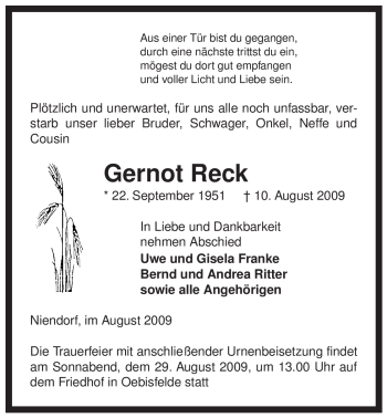 Traueranzeige von Gernot Reck von ALLGEMEINE ZEITUNG UELZEN