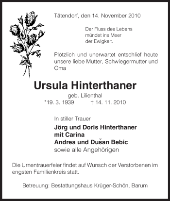 Traueranzeige von Ursula Hinterthaner von ALLGEMEINE ZEITUNG UELZEN