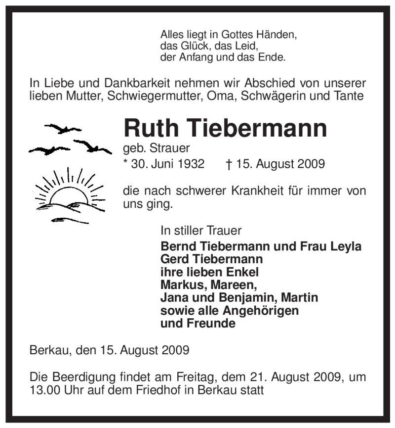  Traueranzeige für Ruth Tiebermann vom 18.08.2009 aus ALLGEMEINE ZEITUNG UELZEN