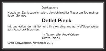 Traueranzeige von Detlef Pieck von ALLGEMEINE ZEITUNG UELZEN