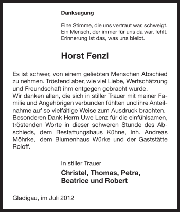 Traueranzeige von Horst Fenzl von ALLGEMEINE ZEITUNG UELZEN