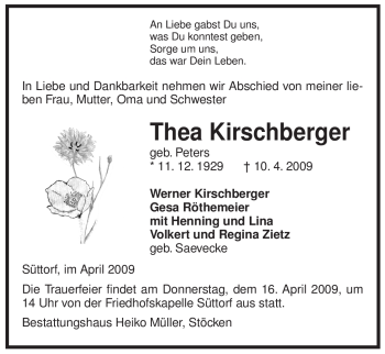 Traueranzeige von Thea Kirschberger von ALLGEMEINE ZEITUNG UELZEN