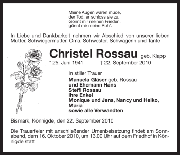 Traueranzeige von Christel Rossau von ALLGEMEINE ZEITUNG UELZEN