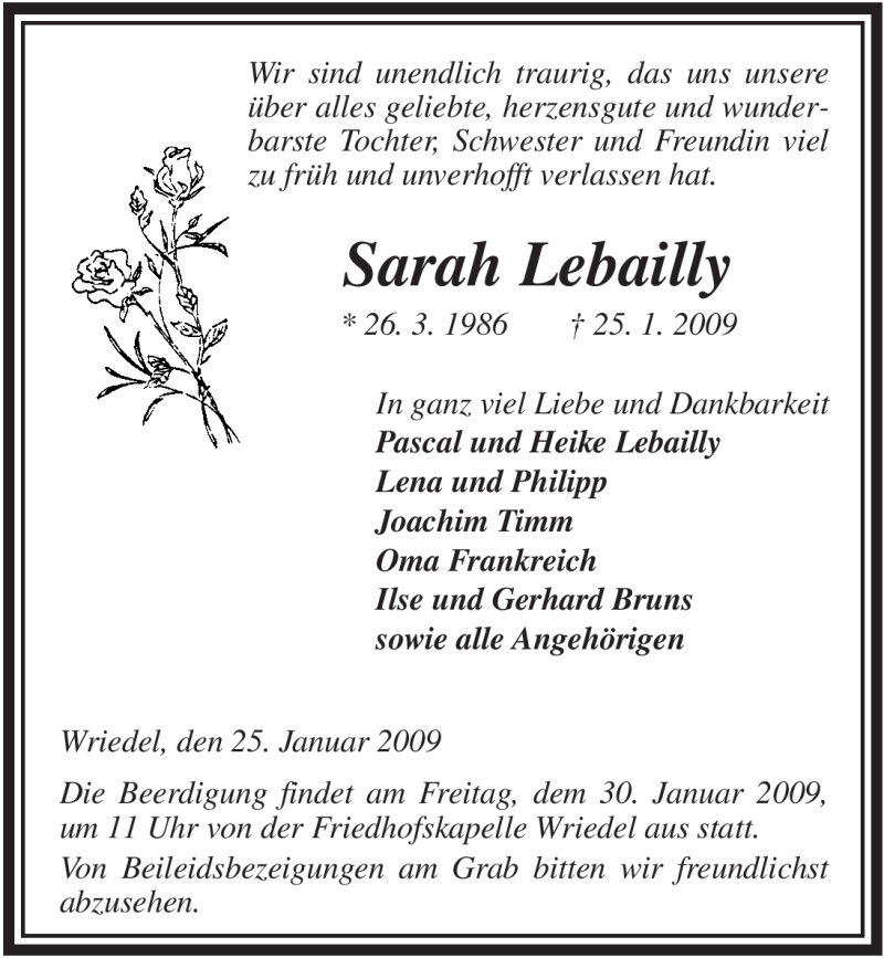  Traueranzeige für Sarah Lebailly vom 27.01.2009 aus ALLGEMEINE ZEITUNG UELZEN