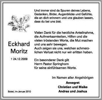 Traueranzeige von Eckhard Moritz von ALLGEMEINE ZEITUNG UELZEN
