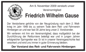 Traueranzeige von Friedrich Wilhelm Gause von ALLGEMEINE ZEITUNG UELZEN