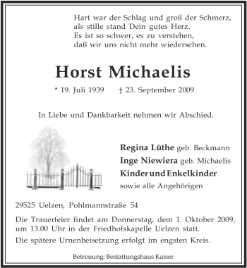 Traueranzeige von Horst Michaelis von ALLGEMEINE ZEITUNG UELZEN