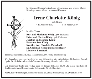 Traueranzeige von Irene Charlotte König von ALLGEMEINE ZEITUNG UELZEN