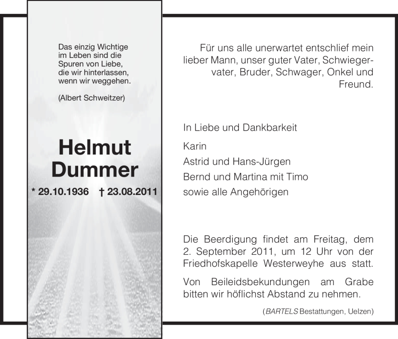  Traueranzeige für Helmut Dummer vom 27.08.2011 aus ALLGEMEINE ZEITUNG UELZEN