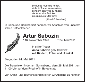 Traueranzeige von Artur Sabozin von ALLGEMEINE ZEITUNG UELZEN