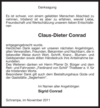 Traueranzeige von Claus-Dieter Conrad von ALLGEMEINE ZEITUNG UELZEN