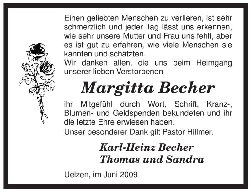  Traueranzeige für Margitta Becher vom 06.06.2009 aus ALLGEMEINE ZEITUNG UELZEN