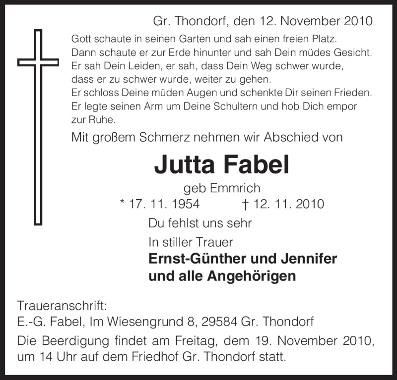  Traueranzeige für Jutta Fabel vom 16.11.2010 aus ALLGEMEINE ZEITUNG UELZEN