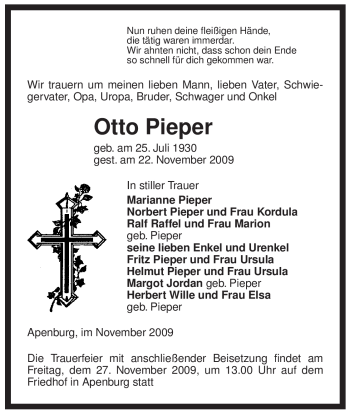 Traueranzeige von Otto Pieper von ALLGEMEINE ZEITUNG UELZEN