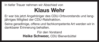 Traueranzeige von Klaus Wehr von ALLGEMEINE ZEITUNG UELZEN