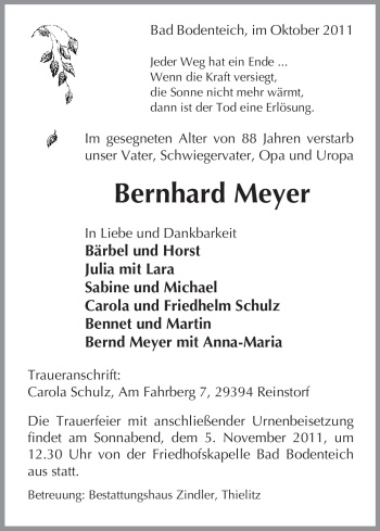 Traueranzeige von Bernhard Meyer von ALLGEMEINE ZEITUNG UELZEN