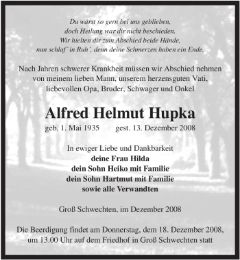 Traueranzeige von Alfred Helmut Hupka von ALLGEMEINE ZEITUNG UELZEN