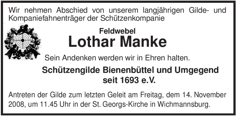  Traueranzeige für Lothar Manke vom 11.11.2008 aus ALLGEMEINE ZEITUNG UELZEN