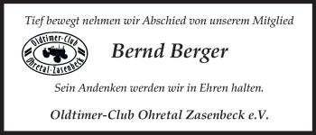 Traueranzeige von Bernd Berger von ALLGEMEINE ZEITUNG UELZEN