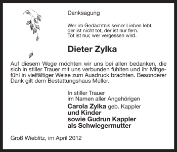 Traueranzeige von Dieter Zylka von ALLGEMEINE ZEITUNG UELZEN