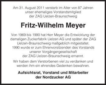 Traueranzeige von Fritz-Wilhelm Meyer von ALLGEMEINE ZEITUNG UELZEN
