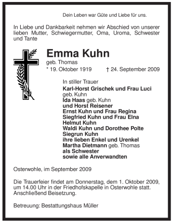 Traueranzeige von Emma Kuhn von ALLGEMEINE ZEITUNG UELZEN