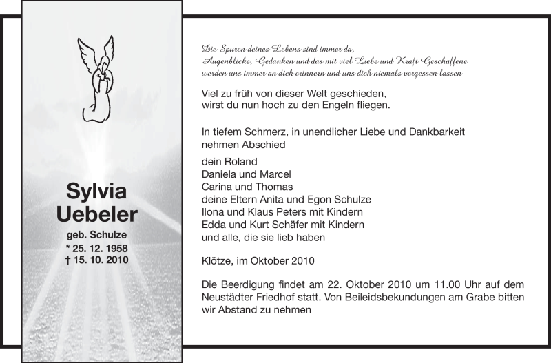  Traueranzeige für Sylvia Uebeler vom 19.10.2010 aus ALLGEMEINE ZEITUNG UELZEN