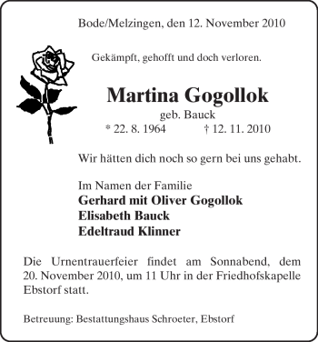 Traueranzeige von Martina Gogollok von ALLGEMEINE ZEITUNG UELZEN