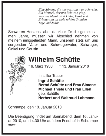 Traueranzeige von Wilhelm Schütte von ALLGEMEINE ZEITUNG UELZEN