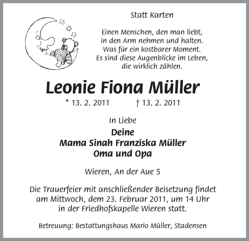  Traueranzeige für Leonie Fiona Müller vom 19.02.2011 aus ALLGEMEINE ZEITUNG UELZEN