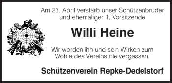 Traueranzeige von Willi Heine von ALLGEMEINE ZEITUNG UELZEN