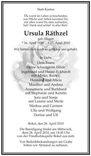Traueranzeige von Ursula Räthzel von ALLGEMEINE ZEITUNG UELZEN